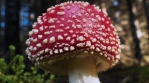 Large beautiful Amanita muscaria mushroom in sunny forest, Iceland zoom out