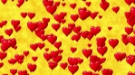 Horizontal track of Red hearts at abstract gold background. Motion graphic. Seamless loop.