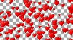 Horizontal motion of red hearts at green background. Motion graphic. Seamless loop. Track to right. Alpha channel transparent background.