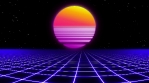 Retrofuturistic synthwave background. Grid landscape and sun.