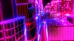 Neon low poly cityscape animation. Seamless retro futuristic background.