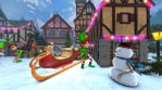 Cute elf dancing next to Santa´sleight in a Christmas village. Seamless funny Christmas animation.