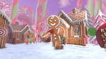 Cute Gingerbread man dancing salsa in a candy village. Seamless funny Christmas animation with ginge