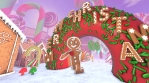 Cute Gingerbread man dancing salsa in a candy village. Seamless funny Christmas animation with ginge