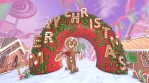 Cute Gingerbread man dancing salsa in a candy village. Seamless funny Christmas animation with a dou