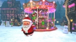 Cute Santa dancing salsa in a Christmas village with a carrousel in the background. Seamless funny C