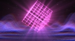 Retro Synthwave 3D Laser Wireframe Cube Rotating Over 80s Neon Grid