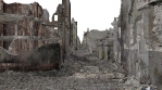 Super realistic walk along the ruined city street after the apocalypse. 3D animation.
