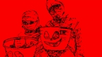 HALLOEEN SCENES MUMMIES TRICK OR TREAT  RED BACKGROUND AND BLACK NOT SCARY A LOT A LOT