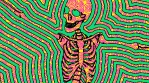 Sexy dancing skeleton in comic style, fluorescent textures and patterns. Halloween zine culture vide