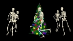 The skeletons are dancing with the Christmas tree. Christmas skeletons dance.