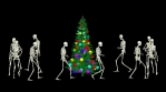 The skeletons are dancing with the Christmas tree. Christmas skeletons dance.
