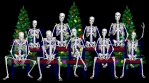 The skeletons sitting and talking with the Christmas tree. Christmas skeletons talk.