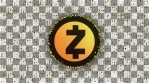 zcash ZEC  logo ICON COIN with particles on movement background glow alpha matte