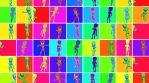 Seamless loopable animation of a rainbow grid of scenes of terror alien dancing