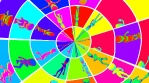 Seamless loopable animation of a rainbow grid of scenes of terror alien dancing