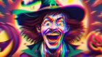 Cool colorful and Scary horror Halloween witches and wizards evil and happy laughs with glitch 4