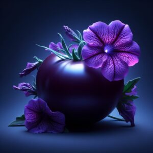 A.I. skapad bild, lila tomat, självlysande petunia