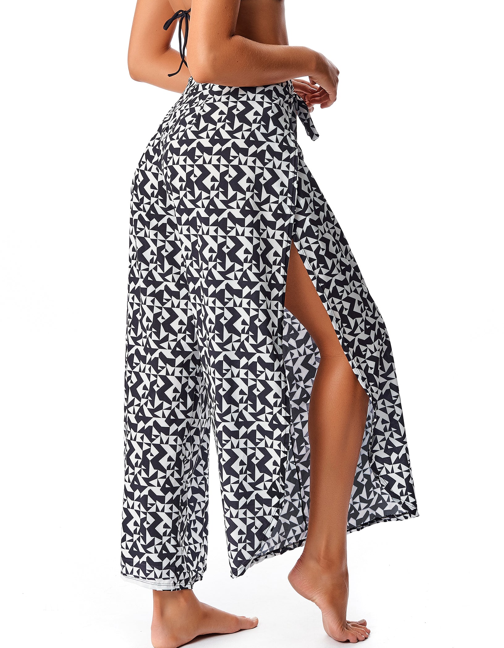 Vestem - Black and White Geometric Wrap Pants Beach Cover-Up - SP235002