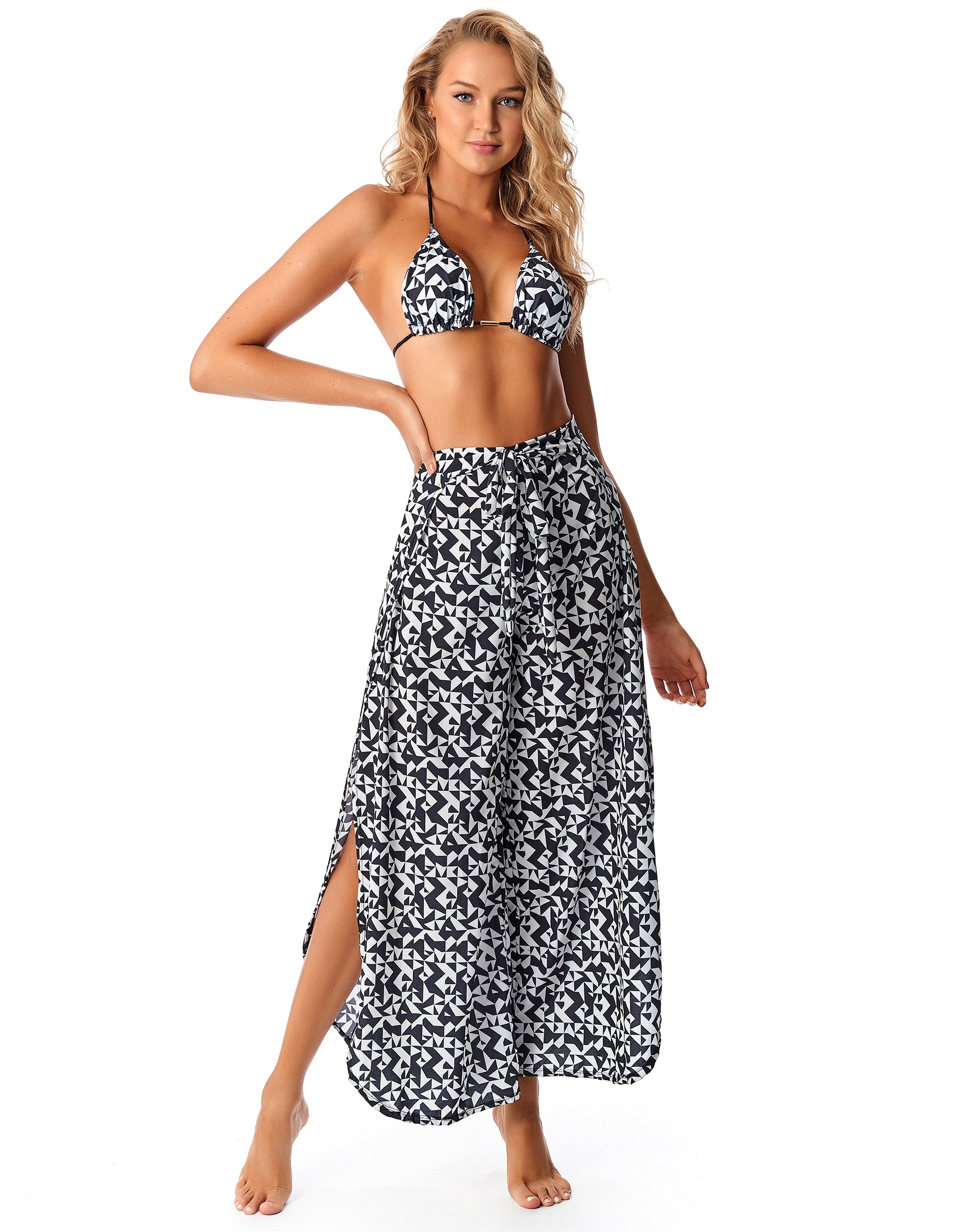 Vestem - Black and White Geometric Wrap Pants Beach Cover-Up - SP235002