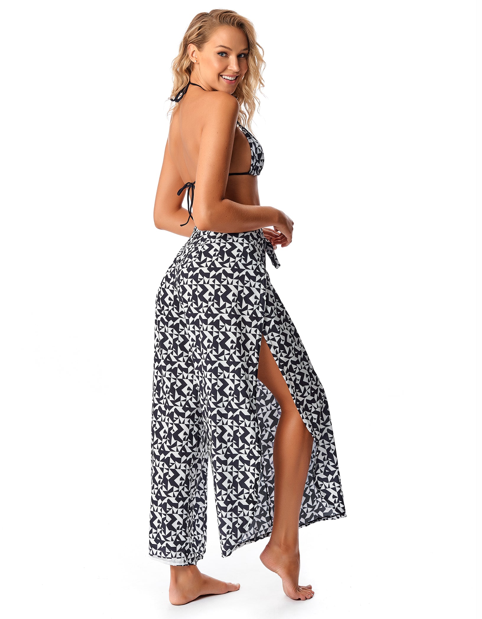 Vestem - Black and White Geometric Wrap Pants Beach Cover-Up - SP235002