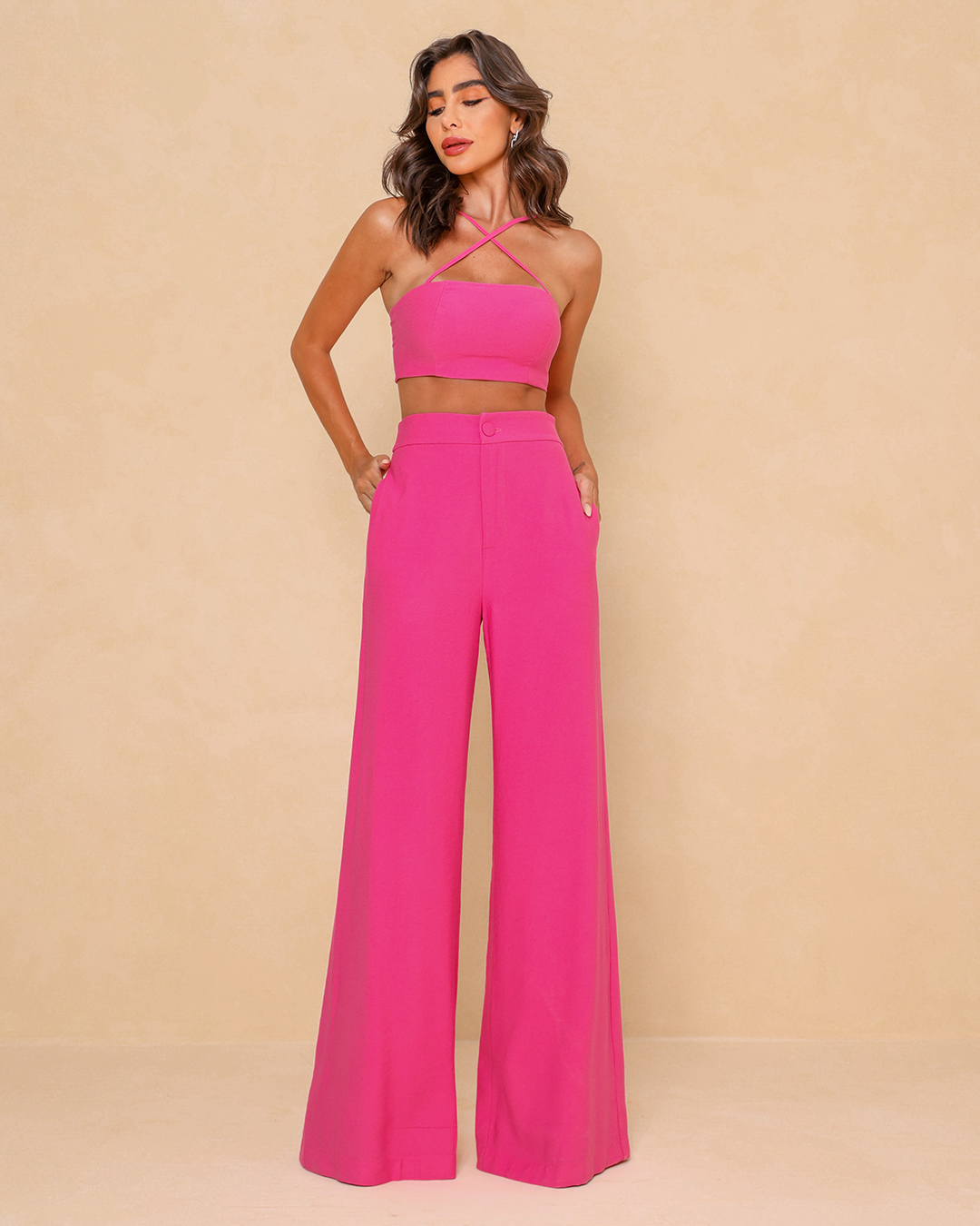 Dot Clothing - Conjunto Dot Clothing Pantalona e Cropped Rosa - 1834ROSA