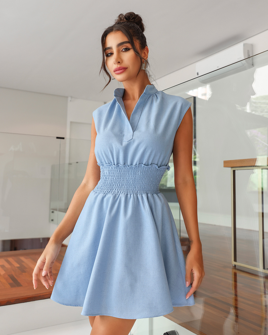 Dot Clothing - Vestido Dot Clothing Rodado em Linho Azul Claro - 1880AZCL