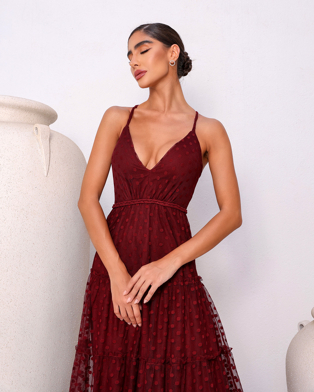 Dot Clothing - Dress Dot Clothing Long Tulle Poá Bordo - 1889BORDO