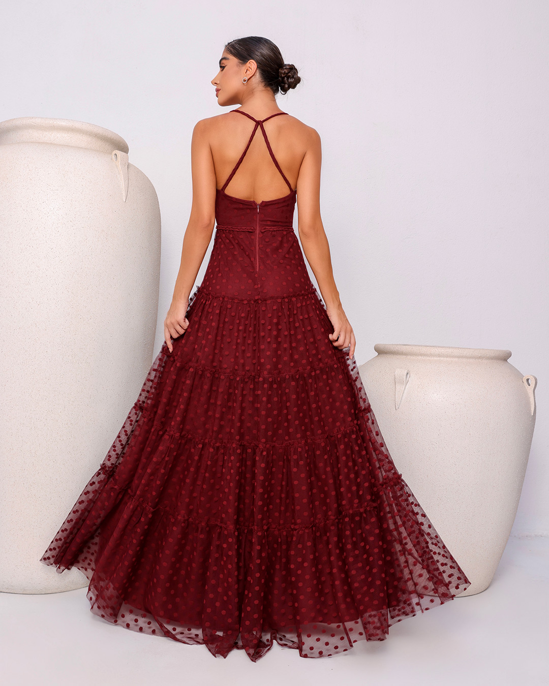 Dot Clothing - Dress Dot Clothing Long Tulle Poá Bordo - 1889BORDO