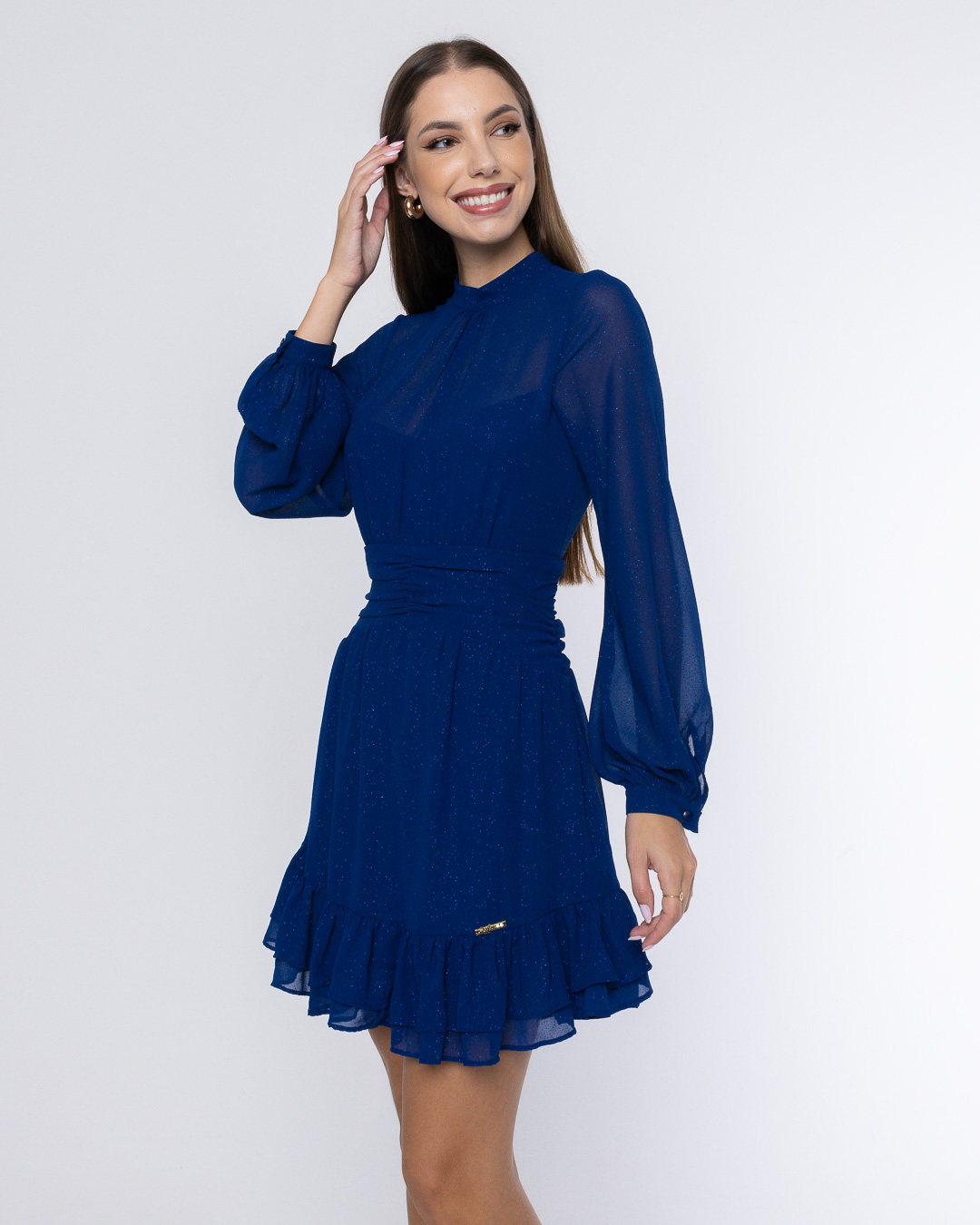 Oxigênio - Vestido Oxigênio Rodado Drapeado Azul - 22681AZUL