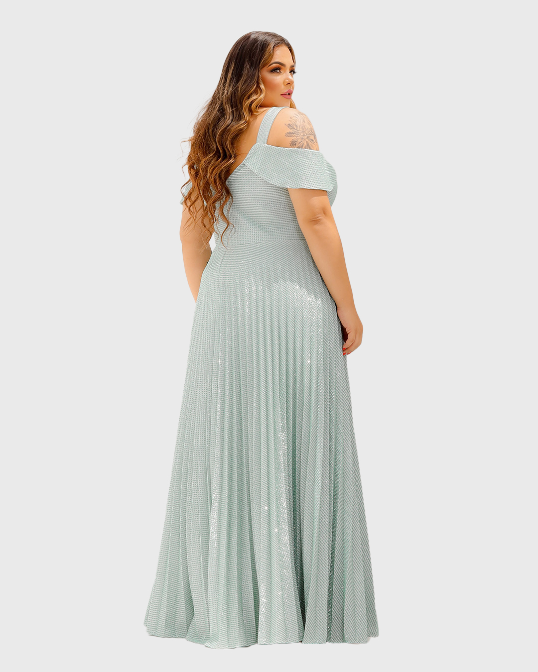 Cappuccino - Long Cappuccino Dress with Green Shoulder Detail - 8J152PSVERDE