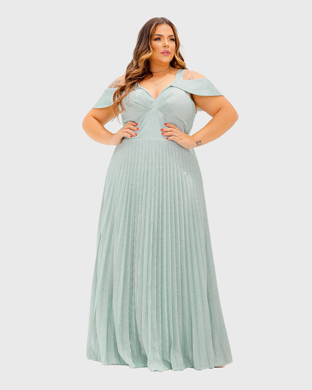 Cappuccino - Long Cappuccino Dress with Green Shoulder Detail - 8J152PSVERDE