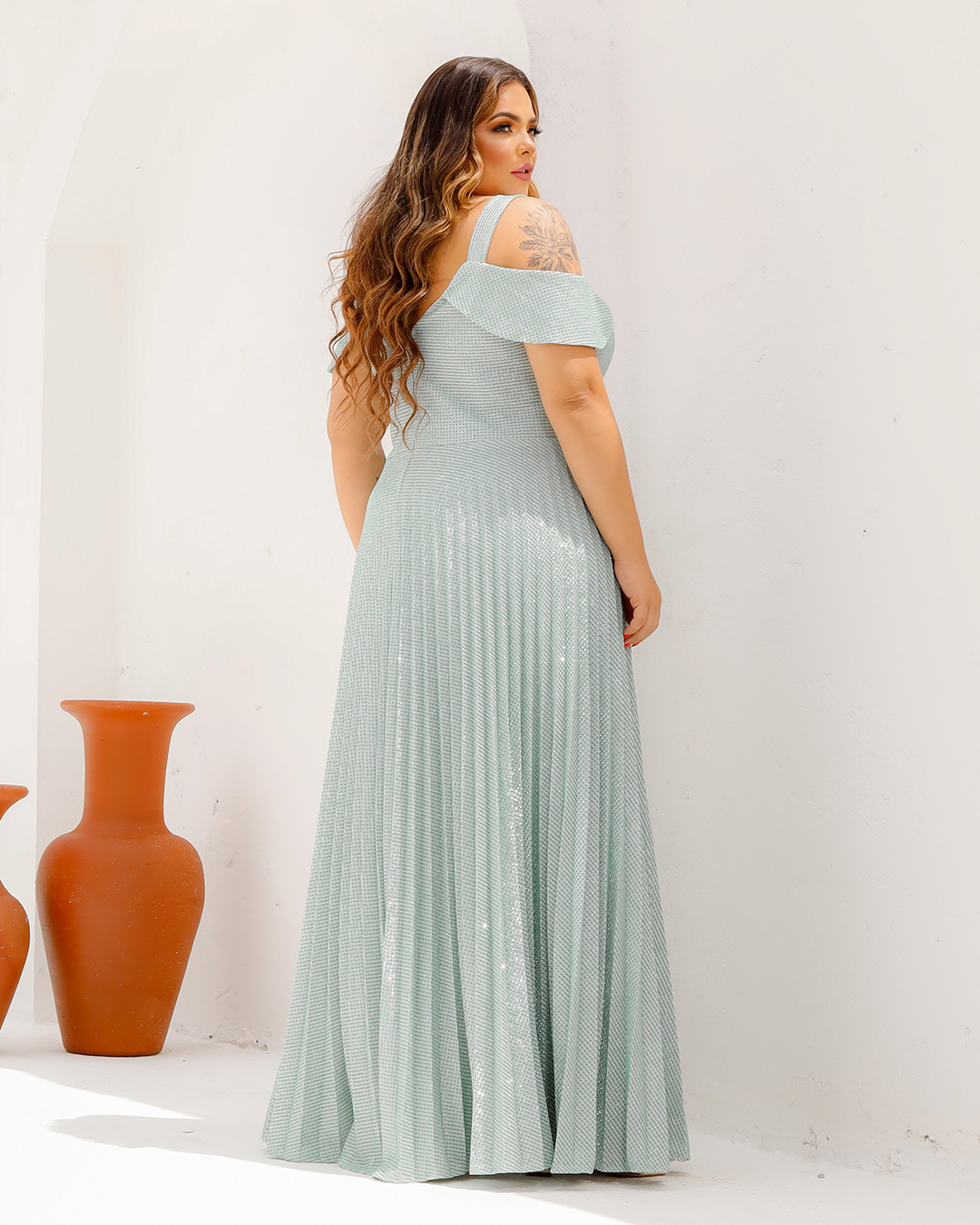 Cappuccino - Long Cappuccino Dress with Green Shoulder Detail - 8J152PSVERDE