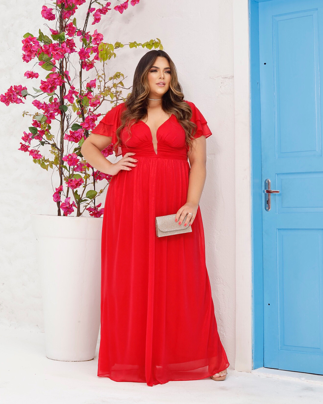 Cappuccino - Dress Cappuccino Long Detail Red Shoulder - 8J177PSVERM