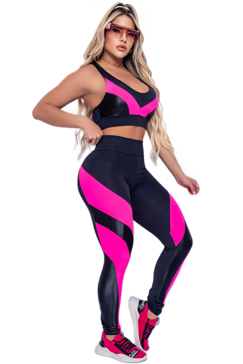 Trincks - Conjunto Legging e Top Wave Preto e Pink - 