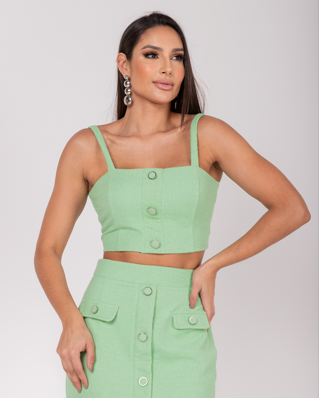 Miss Misses - Cropped Miss Misses Top Tweed Green Button - 54059023