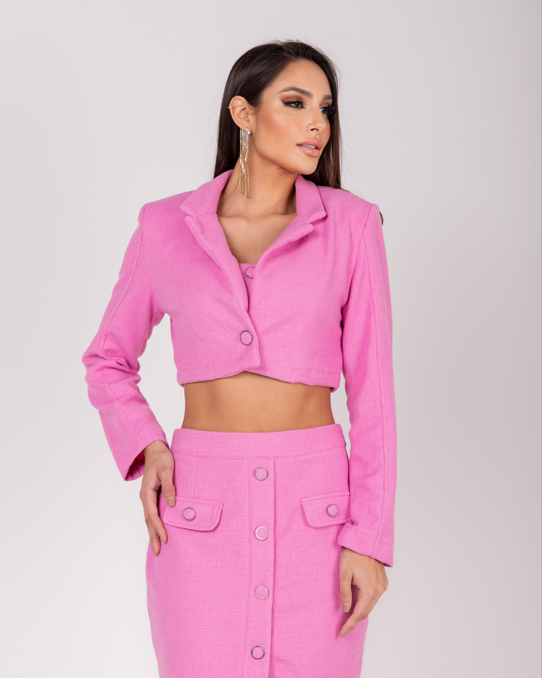 Miss Misses - Jacket Miss Misses Cropped Pink Tweed Button - 54057060