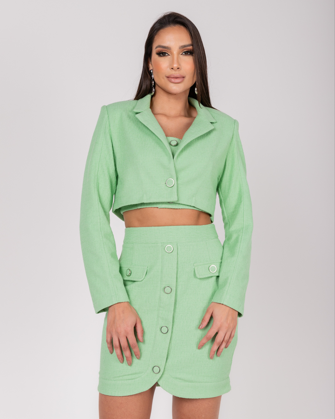 Miss Misses - Jacket Miss Misses Cropped Button Green Tweed - 54057023