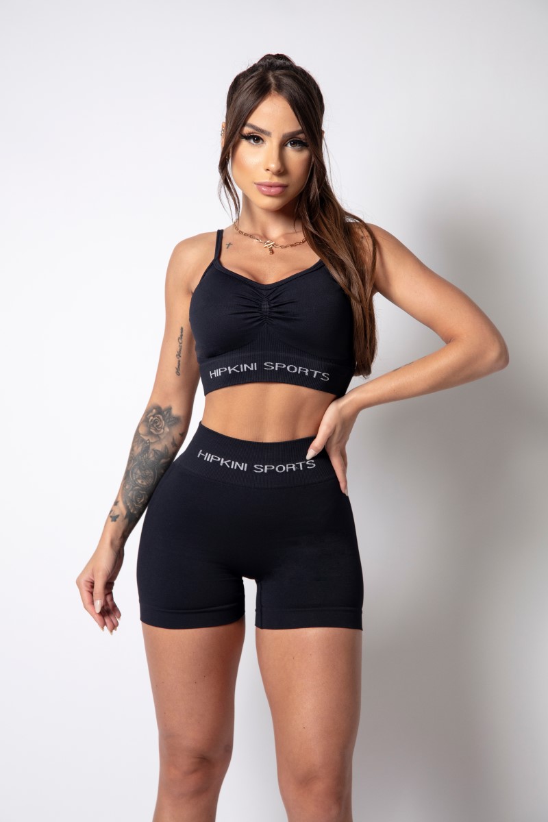 Hipkini - Top Athletic Seamless Preto Decote Franzido - 33330096