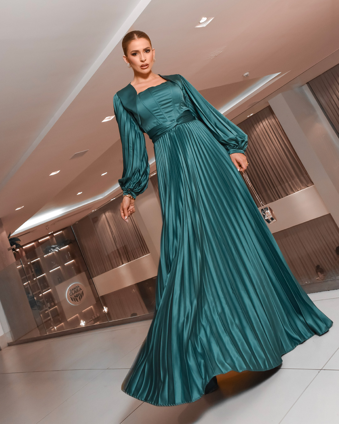 Cappuccino - Green Pleated Long Cappuccino Dress - 8U252VERDE