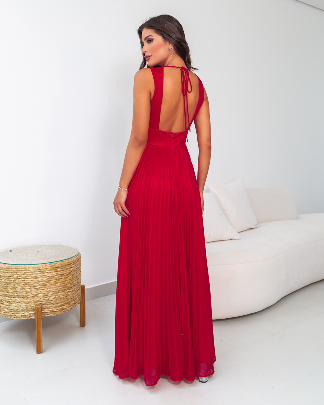 Cappuccino - Red Pleated Long Cappuccino Dress - 8V181AVERM