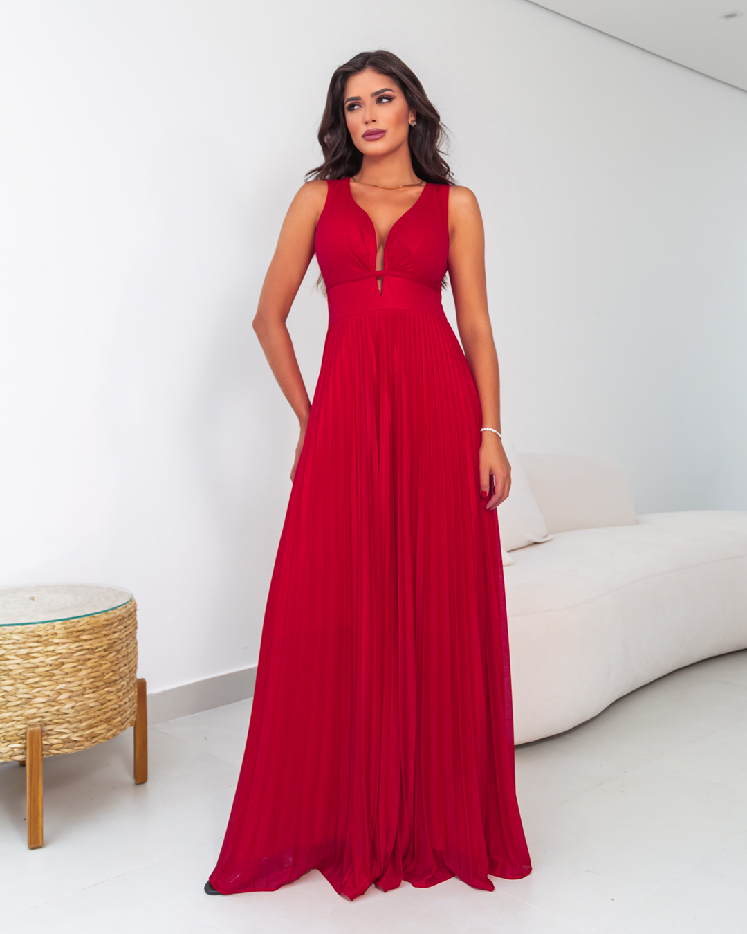 Cappuccino - Red Pleated Long Cappuccino Dress - 8V181AVERM