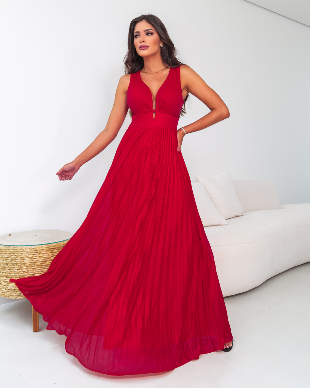 Cappuccino - Red Pleated Long Cappuccino Dress - 8V181AVERM