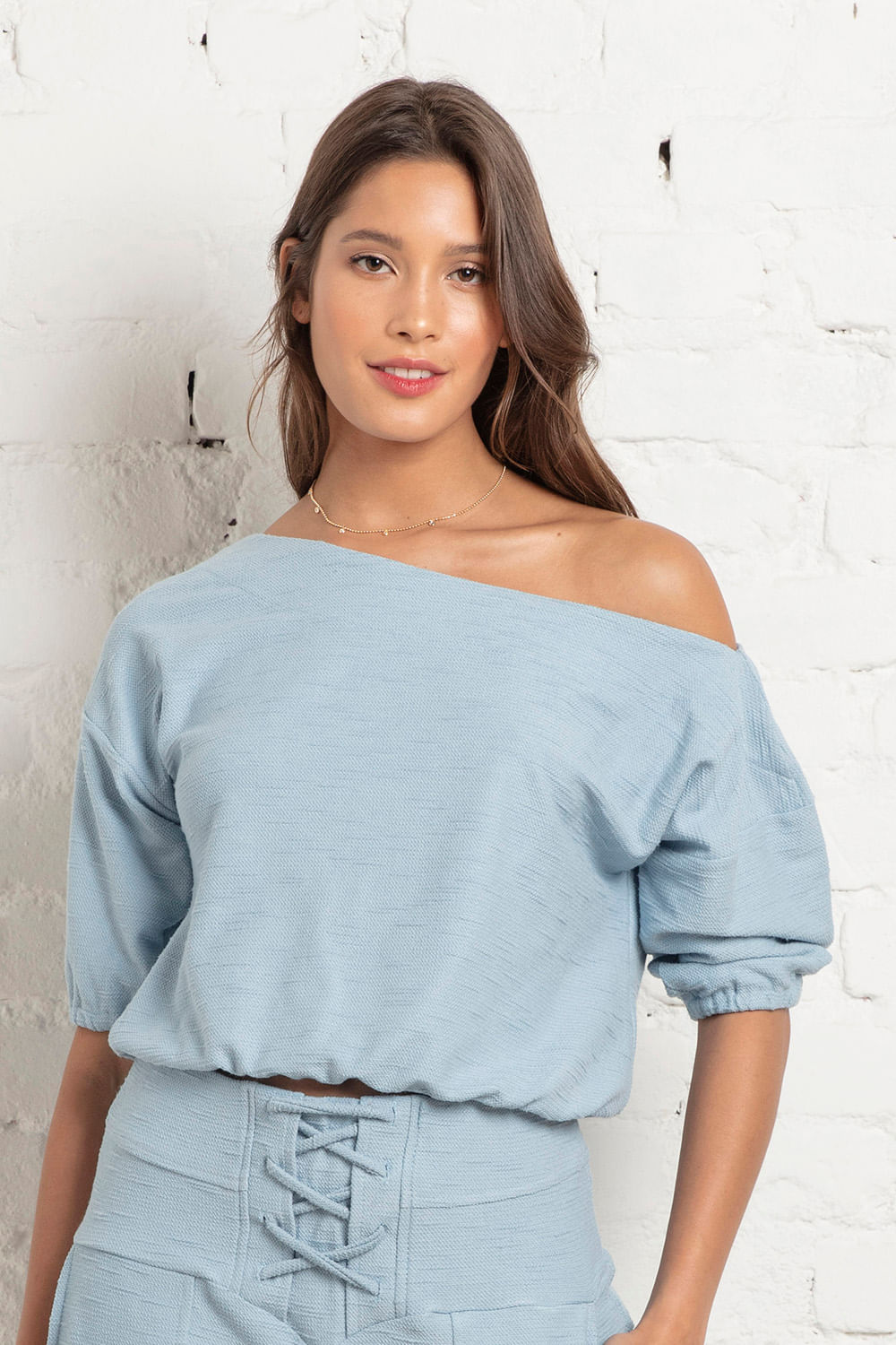 Hidrogênio - BLUSA COM OMBRO CAÍDO AZUL CLARO - 18857078