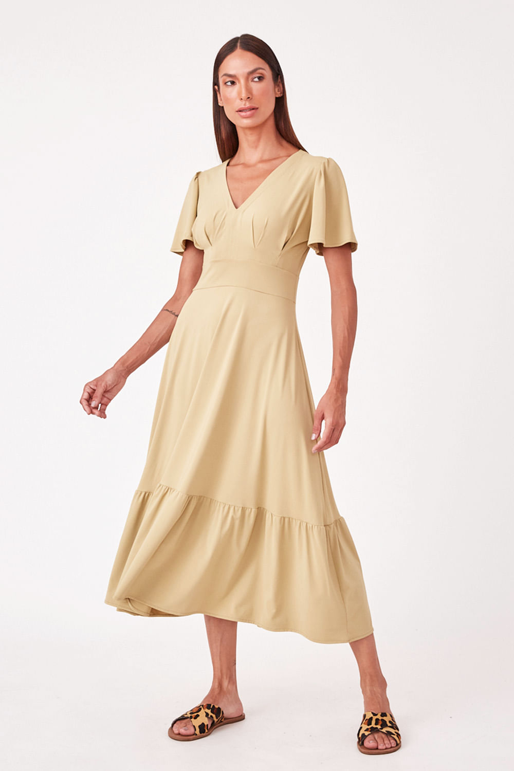 Hidrogênio - VESTIDO MIDI COM PALA E PREGAS E BABADO VERDE CANA - 19607479