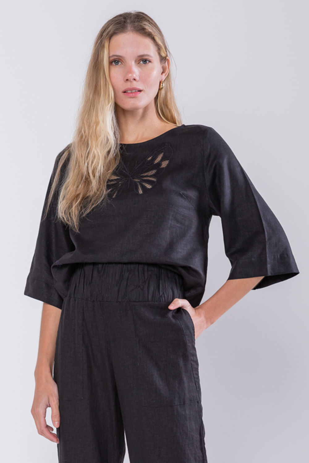 Hidrogênio - LINEN BLOUSE WITH BLACK BUTTERFLY EMBROIDERY - 19753001