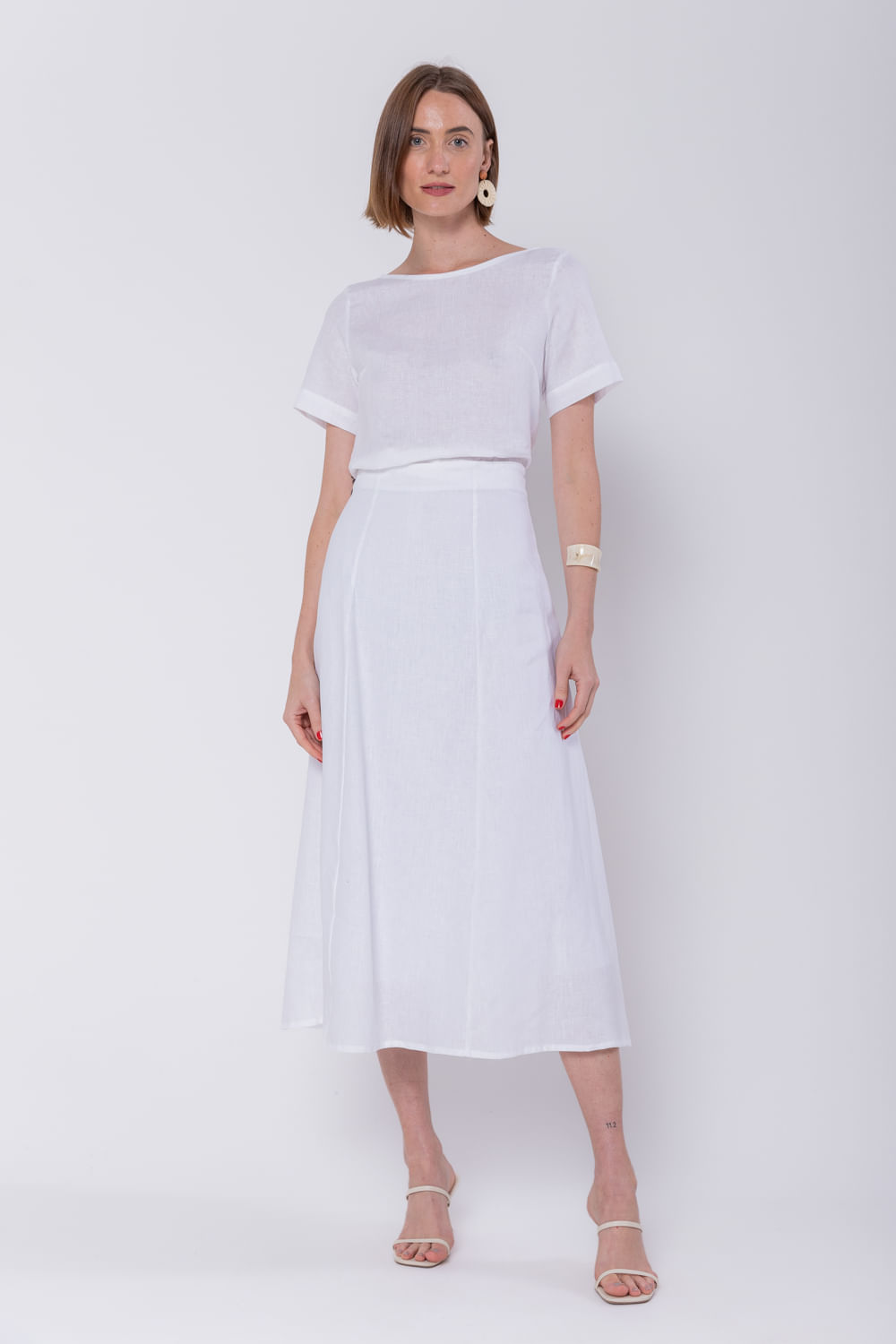 Hidrogênio - WHITE LINEN EVASE MIDI SKIRT - 19794002