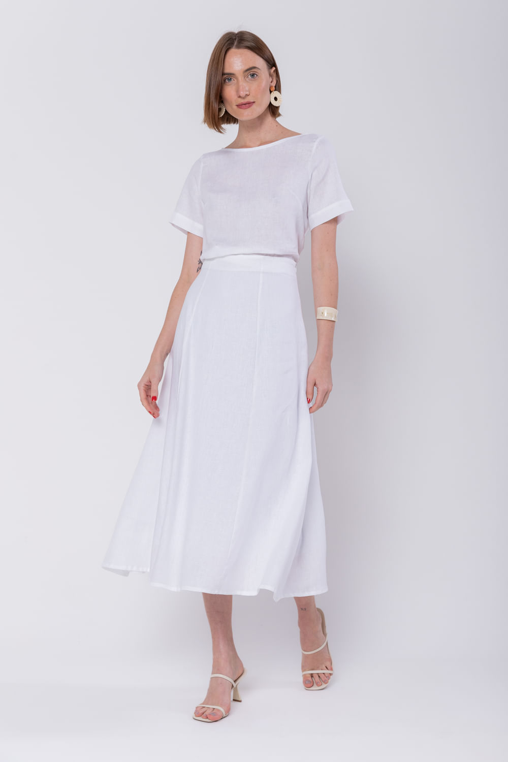 Hidrogênio - WHITE LINEN EVASE MIDI SKIRT - 19794002