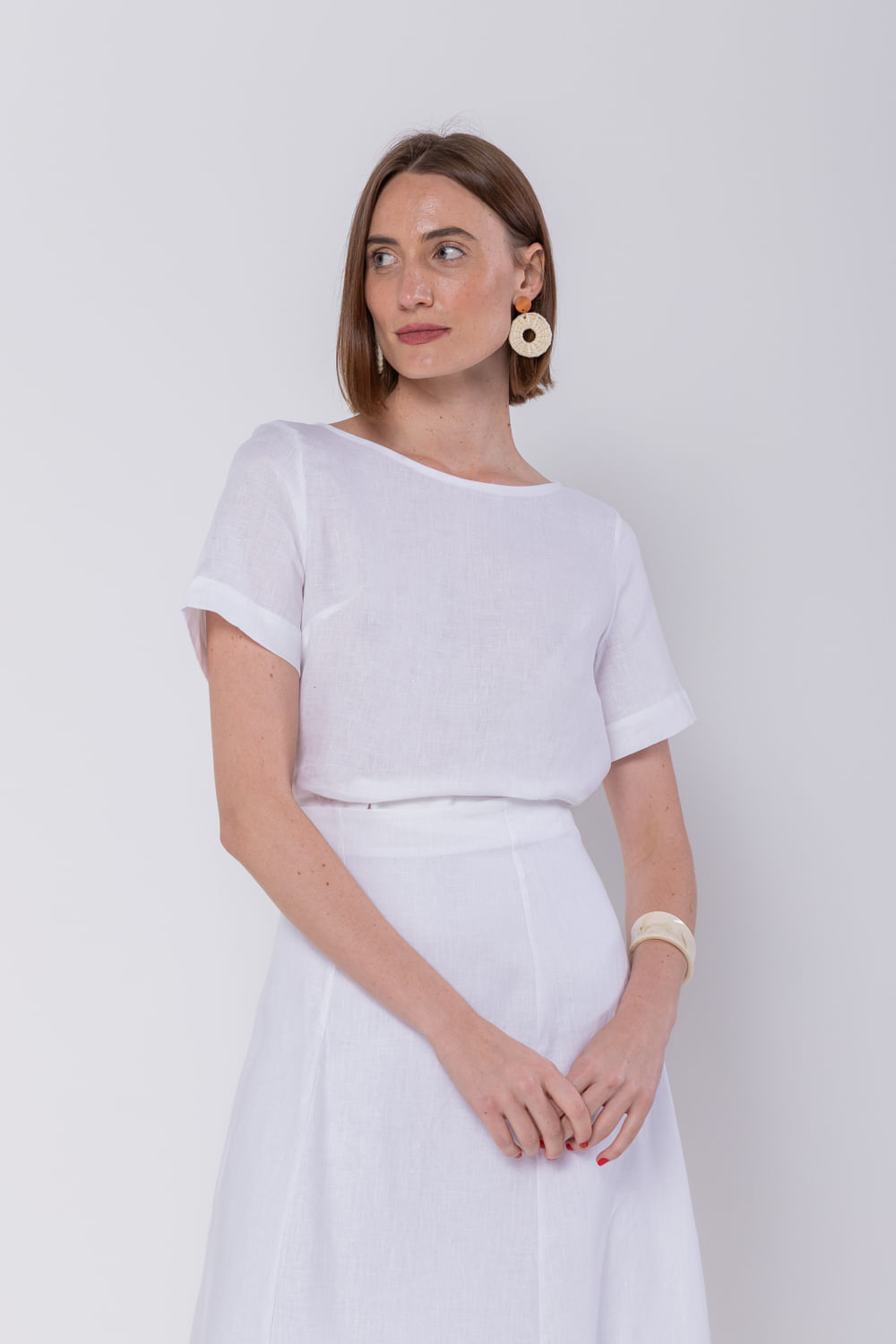 Hidrogênio - WHITE LINEN EVASE MIDI SKIRT - 19794002