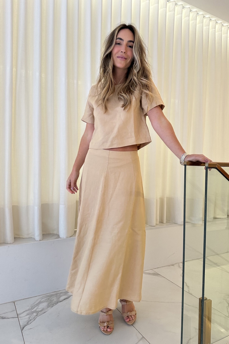 Hidrogênio - CAMEL LINEN EVASE MIDI SKIRT - 19794069